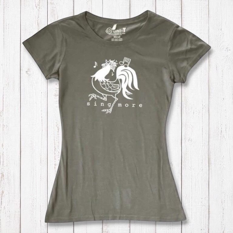 Olive green bamboo and organic cotton t-shirt for women featuring a rooster and 'Sing More' text, ideal for music-themed outfits.