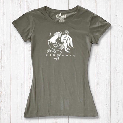 Olive green bamboo and organic cotton t-shirt for women featuring a rooster and 'Sing More' text, ideal for music-themed outfits.