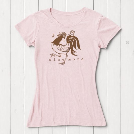 Light pink women's T-shirt made of bamboo and organic cotton with a playful rooster graphic singing with musical notes, casual wear