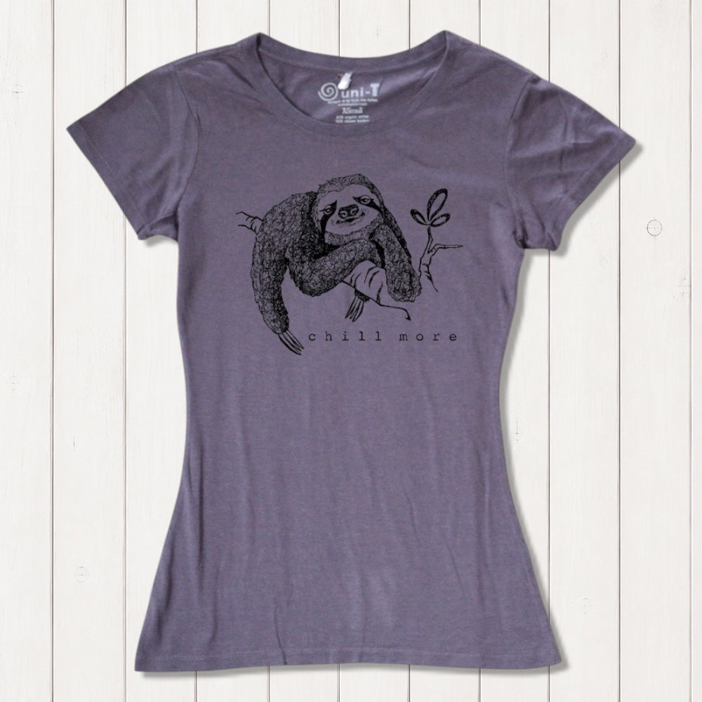 Purple fitted women's bamboo and organic cotton T-shirt featuring a hand-drawn sloth and 'Chill More' text. Sustainable animal lover gift.