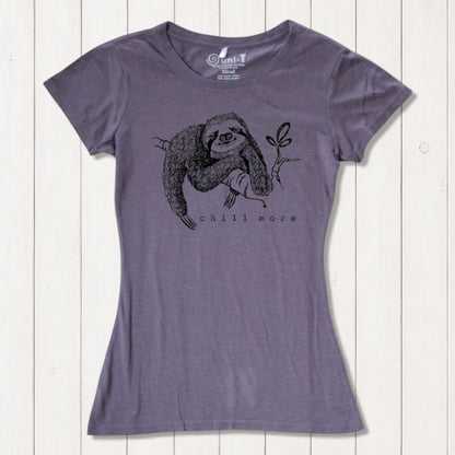 Purple fitted women's bamboo and organic cotton T-shirt featuring a hand-drawn sloth and 'Chill More' text. Sustainable animal lover gift.