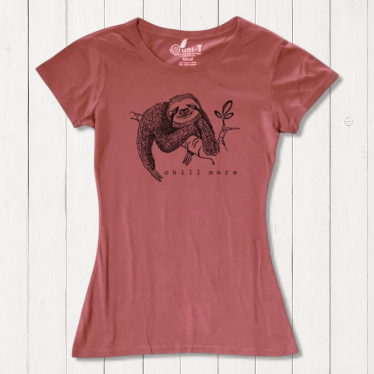 Rust red women's fitted sloth T-shirt in bamboo and organic cotton with 'Chill More' nature graphic. Ideal eco-friendly gift for animal lovers.
