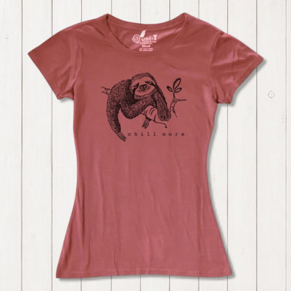 Rust red women's fitted sloth T-shirt in bamboo and organic cotton with 'Chill More' nature graphic. Ideal eco-friendly gift for animal lovers.