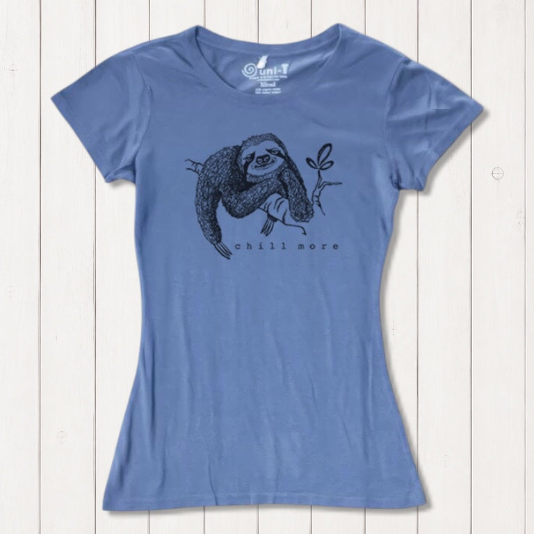 Blue women's sloth T-shirt made from bamboo and organic cotton featuring 'Chill More' graphic. Sustainable and casual nature-themed apparel.