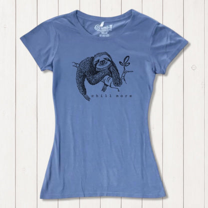 Blue women's sloth T-shirt made from bamboo and organic cotton featuring 'Chill More' graphic. Sustainable and casual nature-themed apparel.