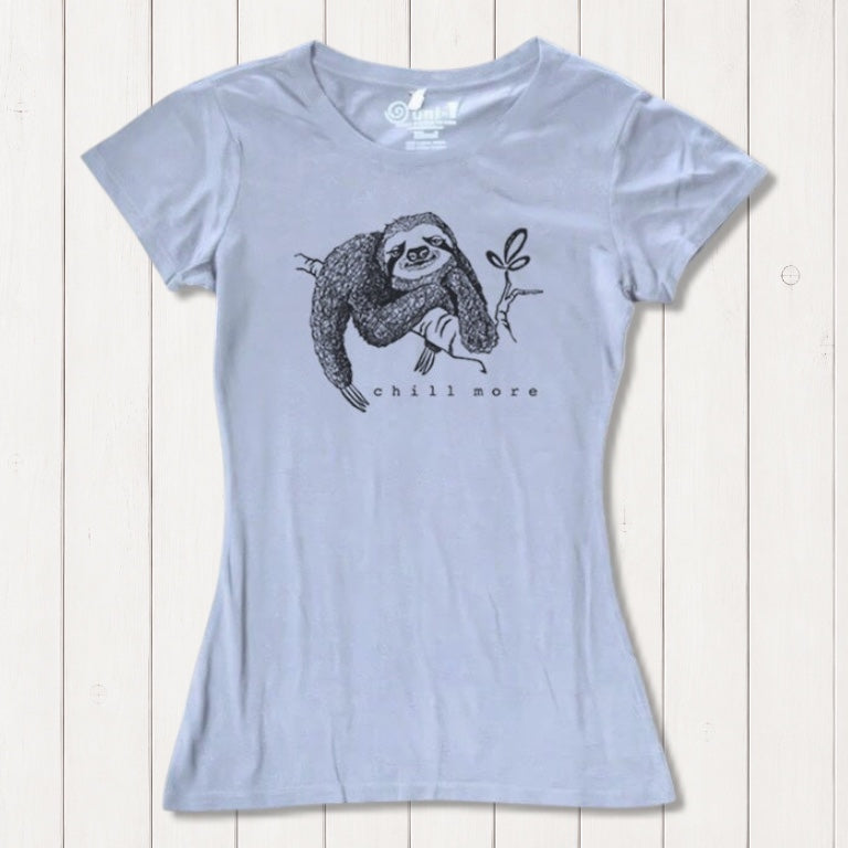 Light blue women's bamboo and organic cotton T-shirt with sloth illustration and 'Chill More' text. Eco-friendly casual top by Uni-T.