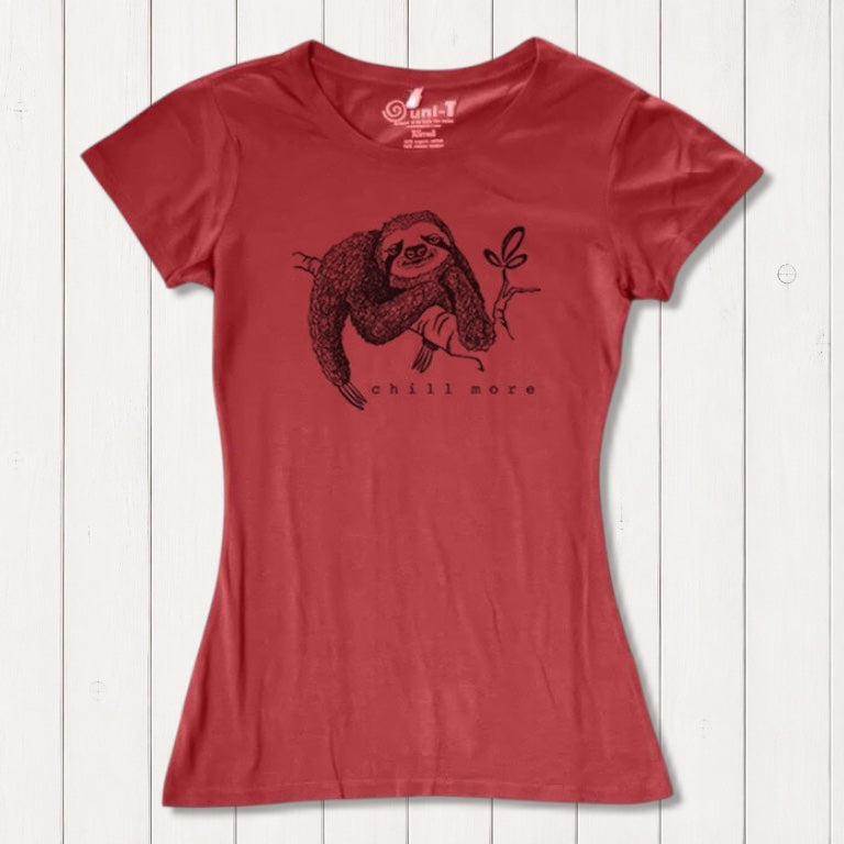 Red women's sloth T-shirt in bamboo and organic cotton with 'Chill More' nature graphic. Comfortable and sustainable gift for animal lovers.