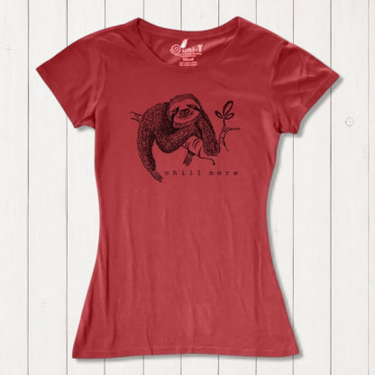 Red women's sloth T-shirt in bamboo and organic cotton with 'Chill More' nature graphic. Comfortable and sustainable gift for animal lovers.