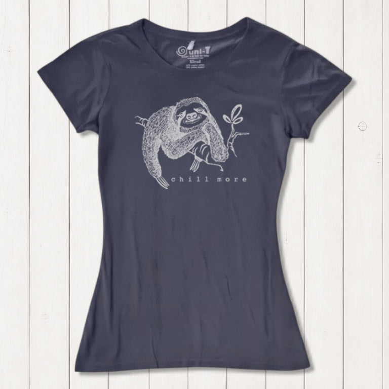 Charcoal gray women's fitted T-shirt with white sloth graphic and 'Chill More' text. Made from bamboo and organic cotton by Uni-T.