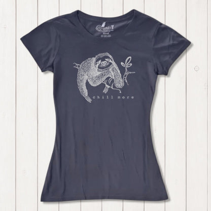 Charcoal gray women's fitted T-shirt with white sloth graphic and 'Chill More' text. Made from bamboo and organic cotton by Uni-T.
