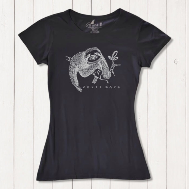 Black women's bamboo and organic cotton T-shirt with white sloth illustration and 'Chill More' slogan. Eco-conscious and stylish gift idea.