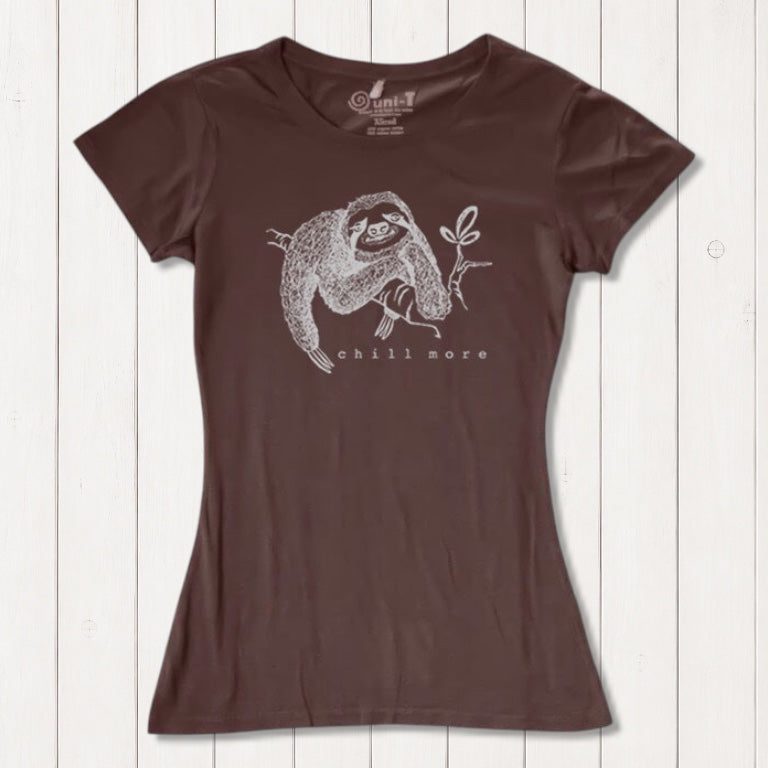 Brown women's sloth T-shirt made from bamboo and organic cotton featuring 'Chill More' graphic. Sustainable and comfy nature-themed top.