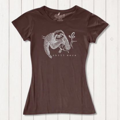Brown women's sloth T-shirt made from bamboo and organic cotton featuring 'Chill More' graphic. Sustainable and comfy nature-themed top.