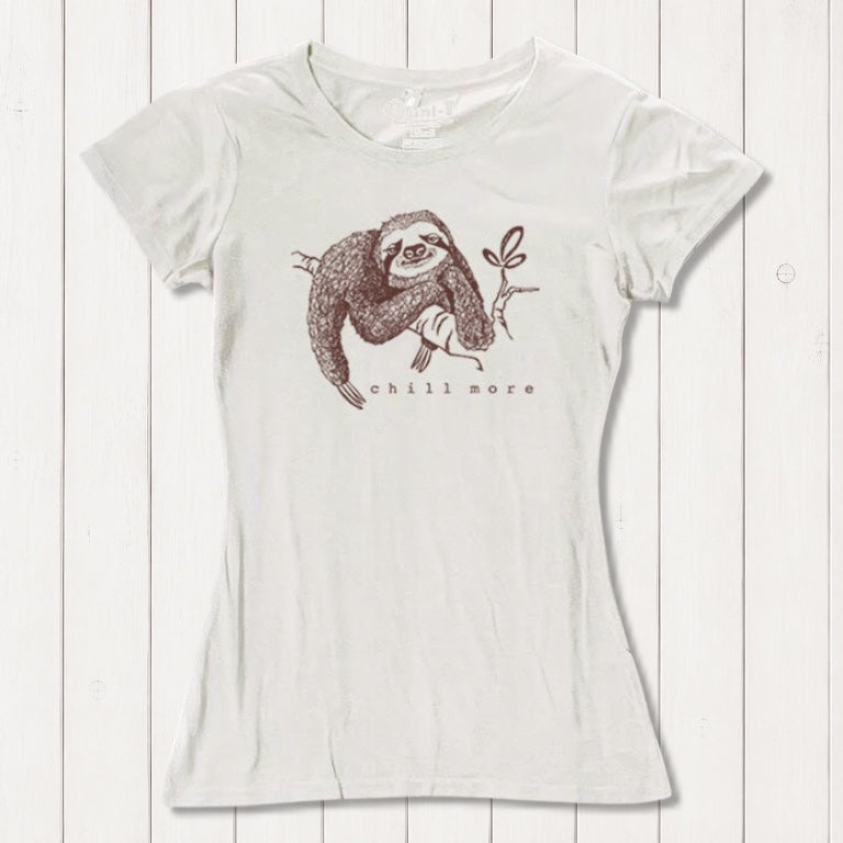 Cream women's bamboo and organic cotton T-shirt with brown sloth graphic and 'Chill More' text. Soft, eco-friendly gift for animal lovers.