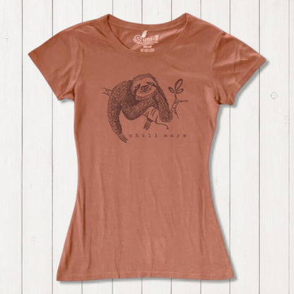 Terracotta women's sloth T-shirt in bamboo and organic cotton with 'Chill More' nature graphic. Sustainable casual wear by Uni-T.