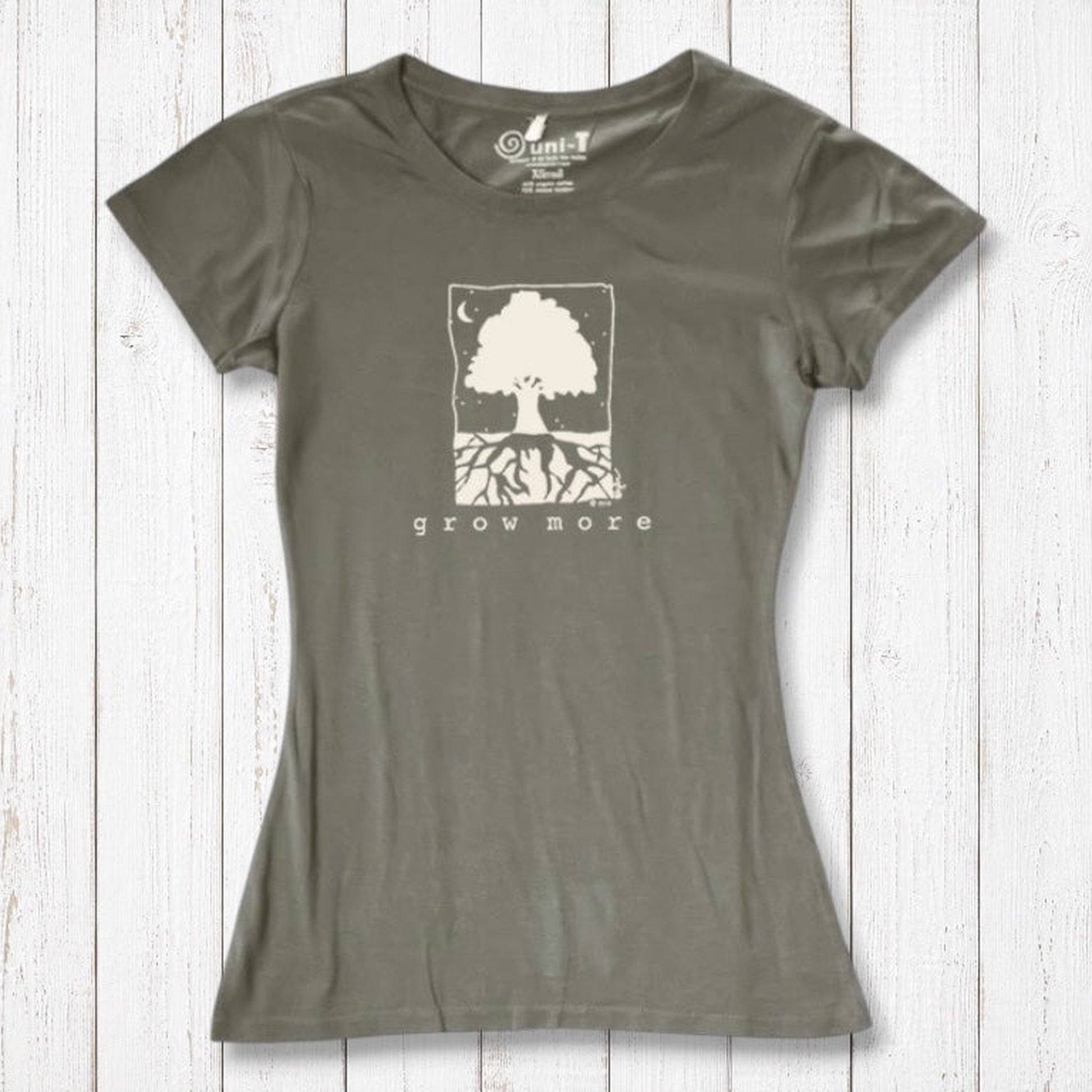 Olive green Women's Tree T-Shirt in Organic Cotton & Bamboo by Uni-T, featuring 'Grow More' nature graphic for eco-friendly gardening lovers.