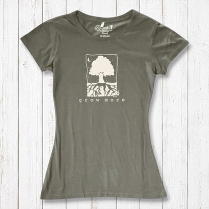 Olive green Women's Tree T-Shirt in Organic Cotton & Bamboo by Uni-T, featuring 'Grow More' nature graphic for eco-friendly gardening lovers.