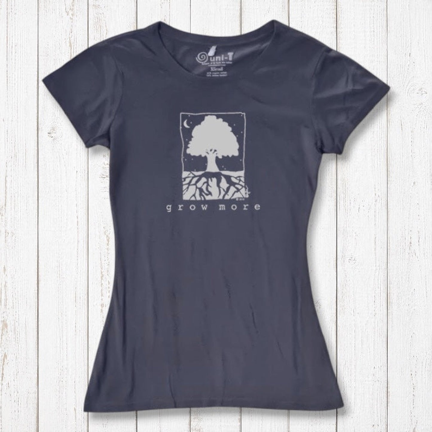 Charcoal gray Women's Tree T-Shirt in Organic Cotton & Bamboo with 'Grow More' tree and roots graphic, sustainable gardening top by Uni-T.