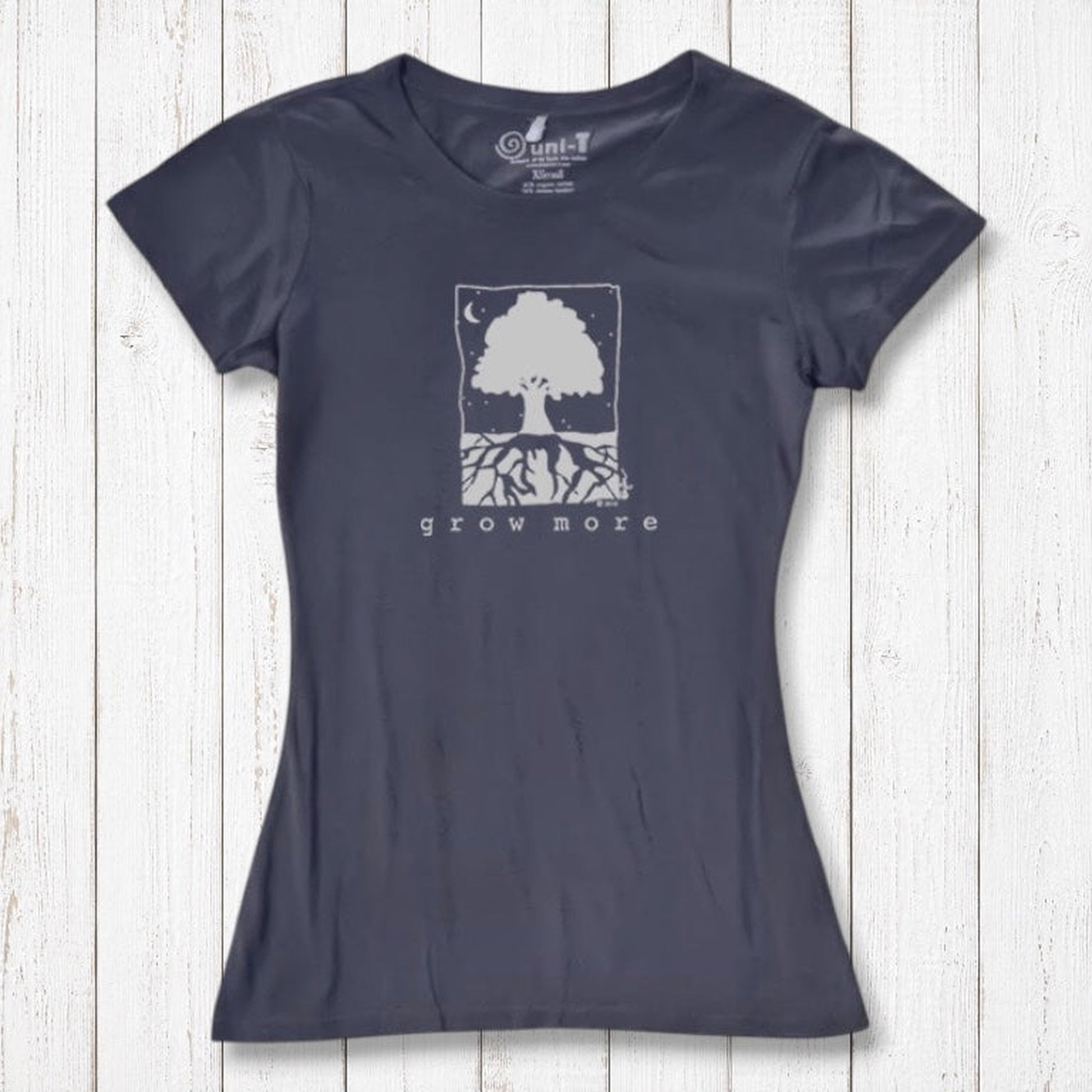 Charcoal gray Women's Tree T-Shirt in Organic Cotton & Bamboo with 'Grow More' tree and roots graphic, sustainable gardening top by Uni-T.
