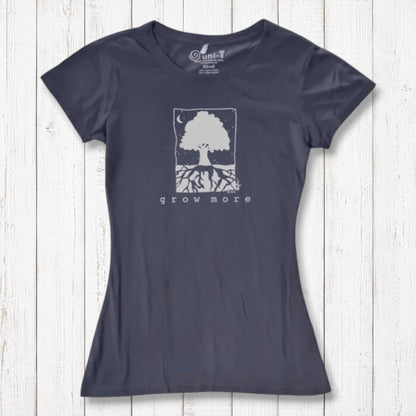 Charcoal gray Women's Tree T-Shirt in Organic Cotton & Bamboo with 'Grow More' tree and roots graphic, sustainable gardening top by Uni-T.