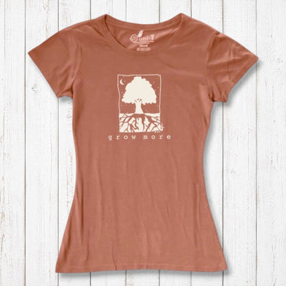 Rust orange Women's Tree T-Shirt in Organic Cotton & Bamboo by Uni-T, eco-friendly 'Grow More' graphic tee for nature and garden enthusiasts.