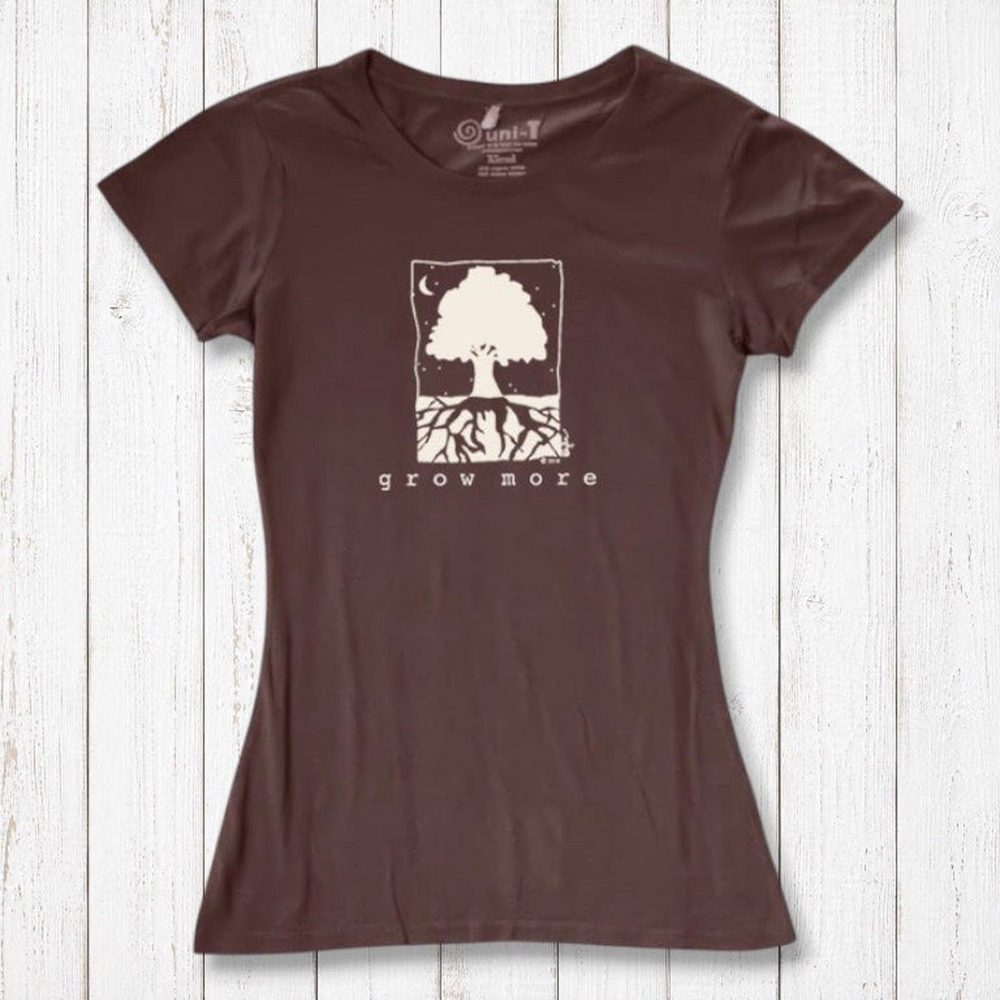 Brown Women's Tree T-Shirt in Organic Cotton & Bamboo with inspirational 'Grow More' tree design, sustainable fashion by Uni-T for gardeners.