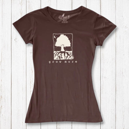 Brown Women's Tree T-Shirt in Organic Cotton & Bamboo with inspirational 'Grow More' tree design, sustainable fashion by Uni-T for gardeners.