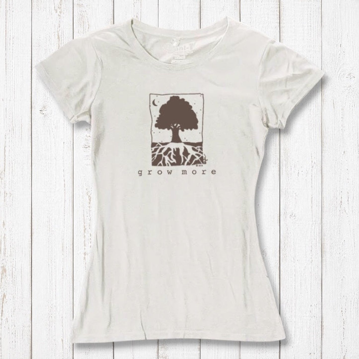 Natural white Women's Tree T-Shirt in Organic Cotton & Bamboo by Uni-T, featuring eco-conscious 'Grow More' tree and root graphic print.