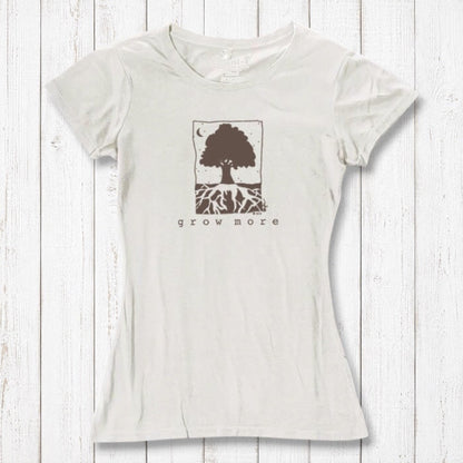 Natural white Women's Tree T-Shirt in Organic Cotton & Bamboo by Uni-T, featuring eco-conscious 'Grow More' tree and root graphic print.