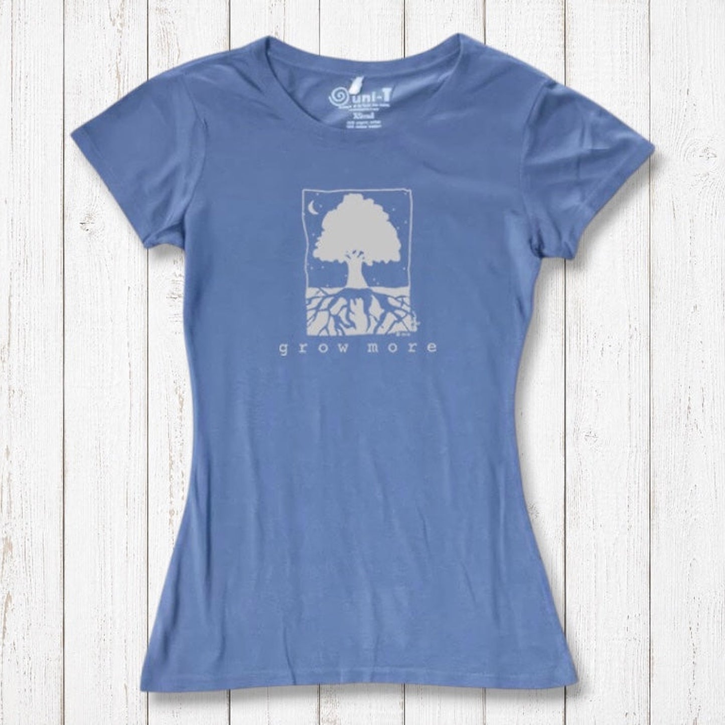 Dusty blue Women's Tree T-Shirt in Organic Cotton & Bamboo with 'Grow More' nature graphic, sustainable gardening top by Uni-T for women.