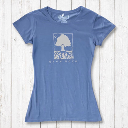 Dusty blue Women's Tree T-Shirt in Organic Cotton & Bamboo with 'Grow More' nature graphic, sustainable gardening top by Uni-T for women.