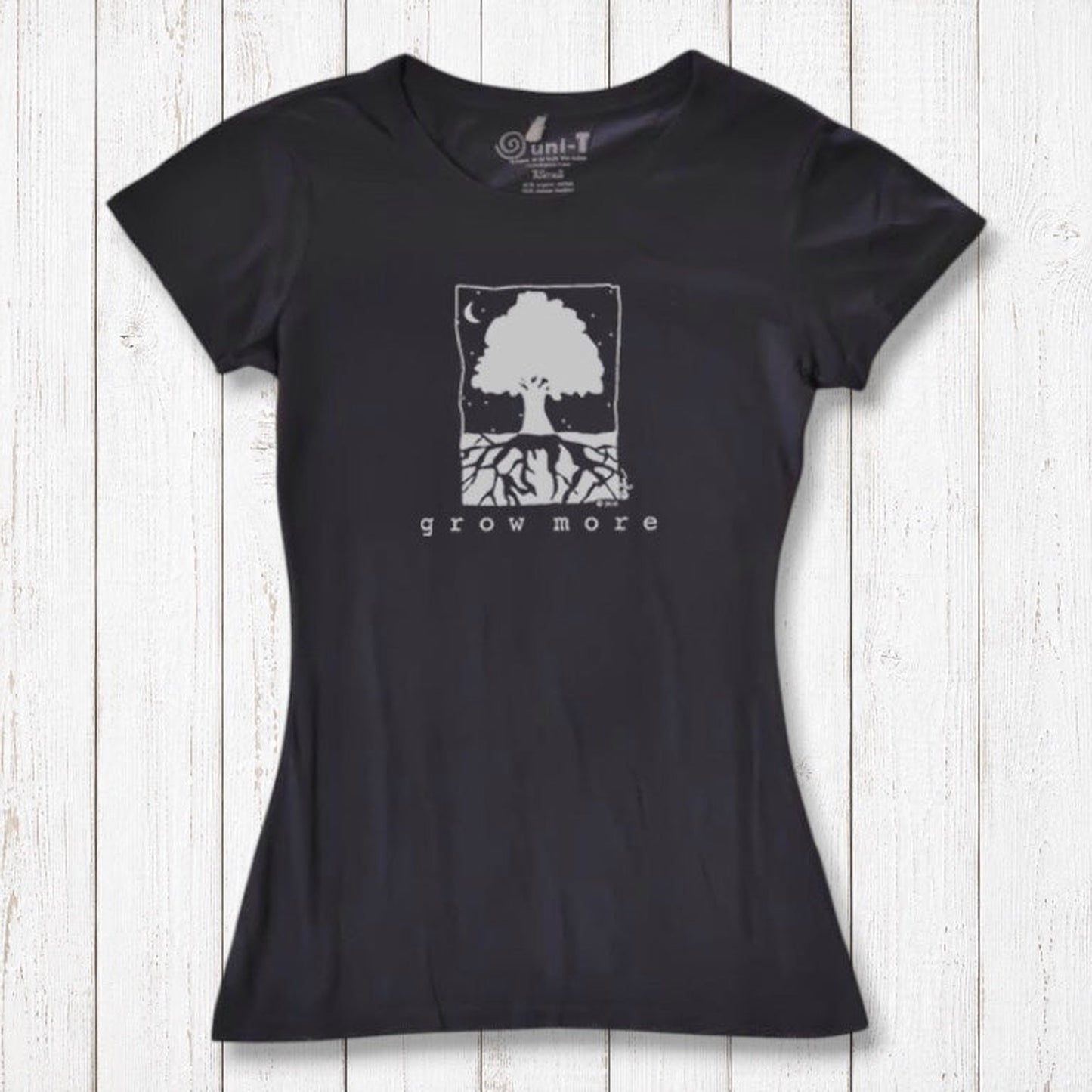 Black Women's Tree T-Shirt in Organic Cotton & Bamboo by Uni-T, featuring minimalist 'Grow More' tree design for eco-conscious fashion lovers.