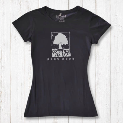 Black Women's Tree T-Shirt in Organic Cotton & Bamboo by Uni-T, featuring minimalist 'Grow More' tree design for eco-conscious fashion lovers.