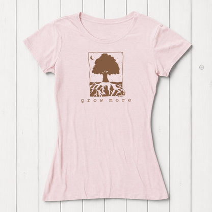 Pink Women's Tree T-Shirt in Organic Cotton & Bamboo with 'Grow More' tree and roots graphic, sustainable nature tee by Uni-T for gardeners.
