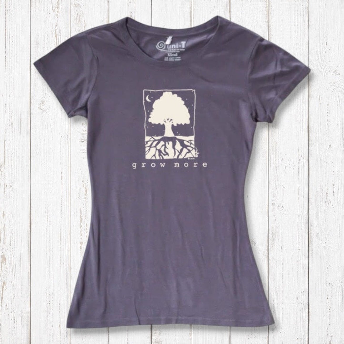Plum purple Women's Tree T-Shirt in Organic Cotton & Bamboo by Uni-T, featuring eco-friendly 'Grow More' tree graphic for nature lovers.