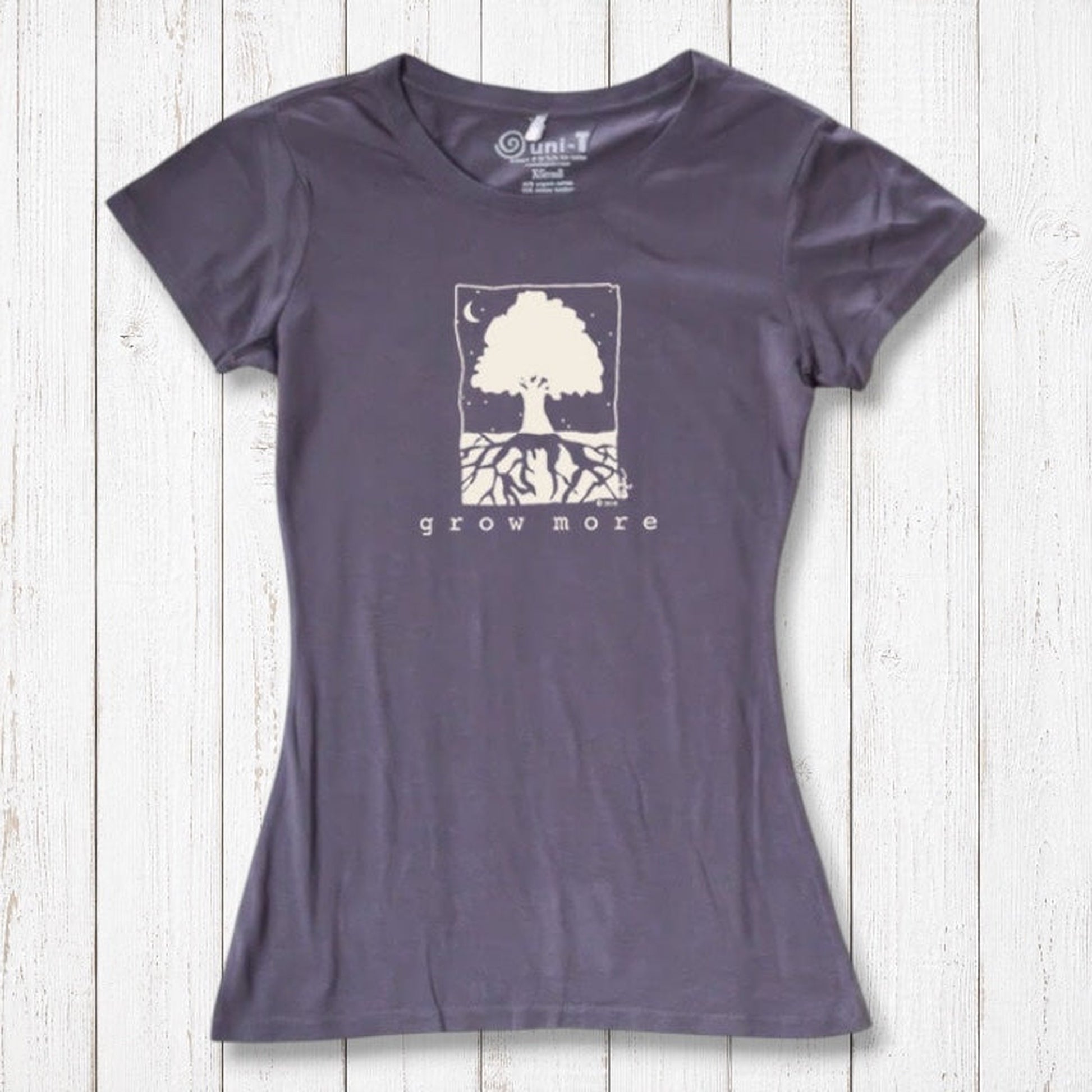 Plum purple Women's Tree T-Shirt in Organic Cotton & Bamboo by Uni-T, featuring eco-friendly 'Grow More' tree graphic for nature lovers.
