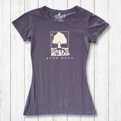 Plum purple Women's Tree T-Shirt in Organic Cotton & Bamboo by Uni-T, featuring eco-friendly 'Grow More' tree graphic for nature lovers.