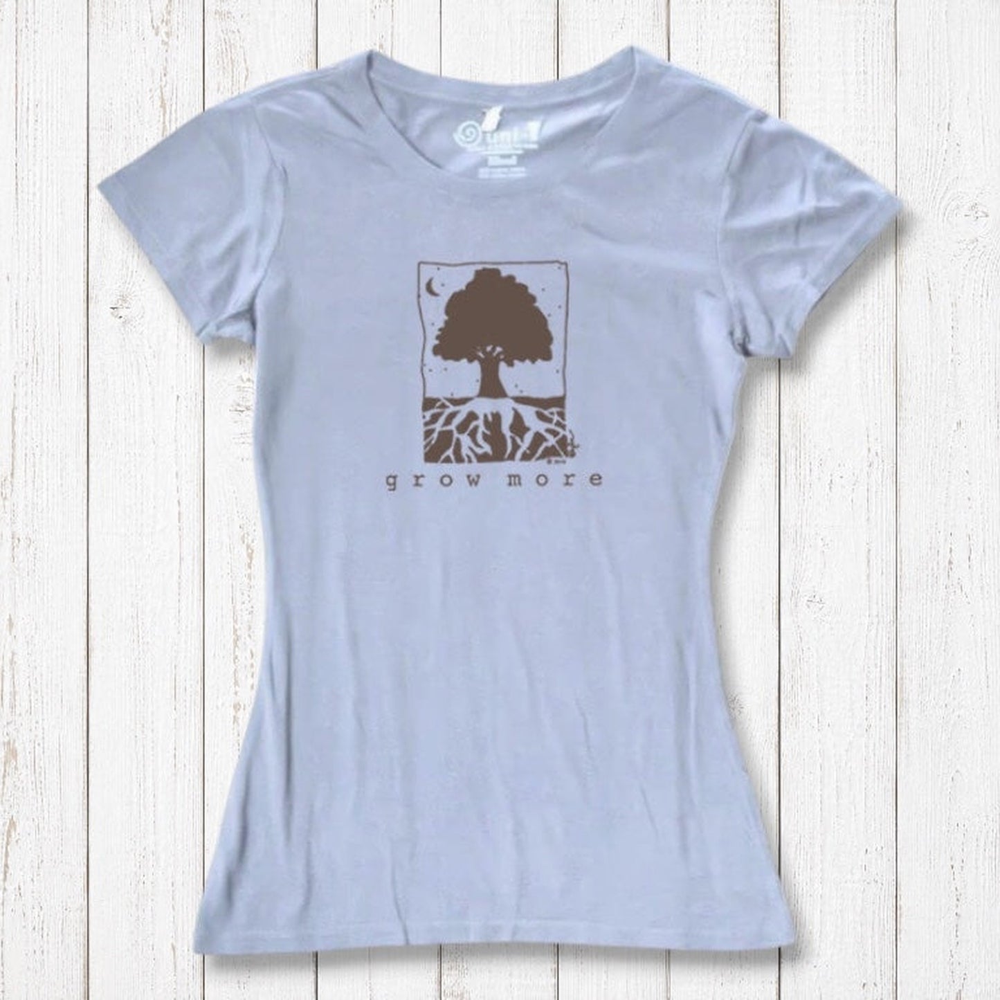 Light blue Women's Tree T-Shirt in Organic Cotton & Bamboo with 'Grow More' tree design, sustainable gardening top by Uni-T for eco-style.