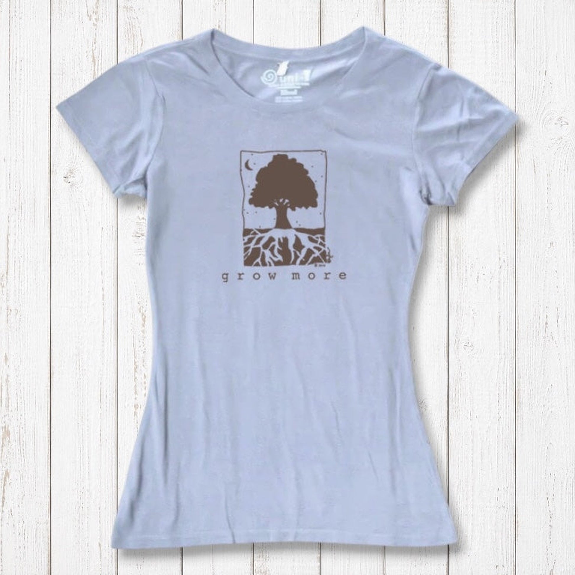 Light blue Women's Tree T-Shirt in Organic Cotton & Bamboo with 'Grow More' tree design, sustainable gardening top by Uni-T for eco-style.