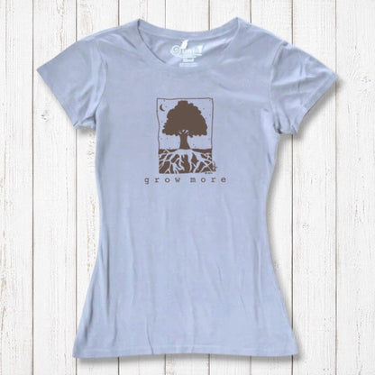 Light blue Women's Tree T-Shirt in Organic Cotton & Bamboo with 'Grow More' tree design, sustainable gardening top by Uni-T for eco-style.