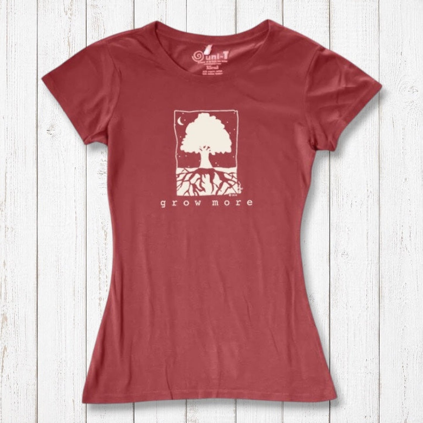 Red Women's Tree T-Shirt in Organic Cotton & Bamboo by Uni-T, featuring inspirational 'Grow More' tree graphic for eco-conscious gardeners.