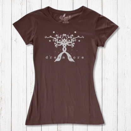 Brown Women's Motivational T-Shirt in Bamboo & Organic Cotton with subtle 'Dream More' tree graphic, displayed flat on wooden surface.