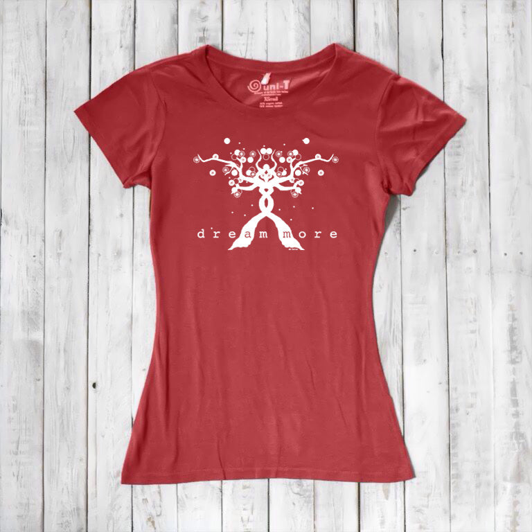 Red Women's Motivational T-Shirt in Bamboo & Organic Cotton with bold white 'Dream More' tree design, laid flat for product showcase.