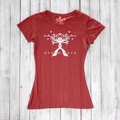 Red Women's Motivational T-Shirt in Bamboo & Organic Cotton with bold white 'Dream More' tree design, laid flat for product showcase.