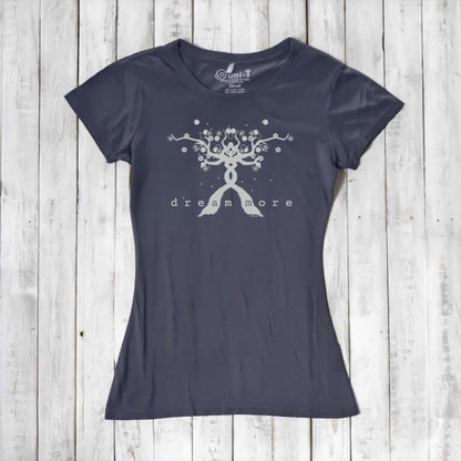 Navy Women's Motivational T-Shirt in Bamboo & Organic Cotton with light 'Dream More' tree design, laid flat for inspirational fashion.