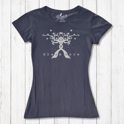 Navy Women's Motivational T-Shirt in Bamboo & Organic Cotton with light 'Dream More' tree design, laid flat for inspirational fashion.