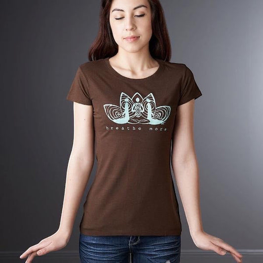 Women's Yoga T-Shirt in Bamboo & Organic Cotton with 'Breathe More' lotus graphic in brown, ideal for meditation and mindfulness practice.