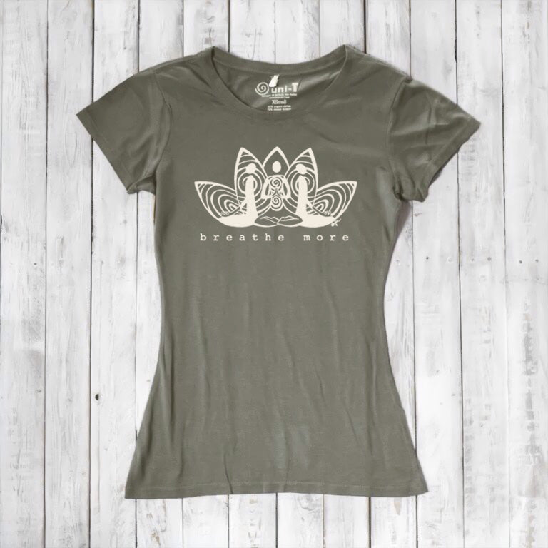 Olive green Women's Yoga T-Shirt in Bamboo & Organic Cotton with 'Breathe More' lotus print, sustainable top for meditation and yoga sessions.