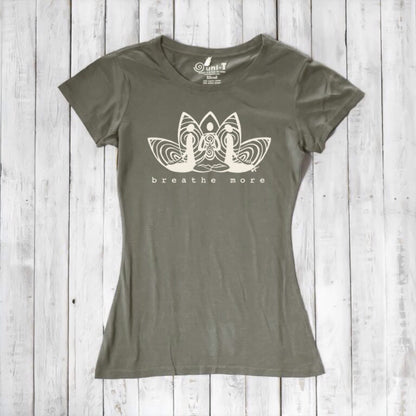 Olive green Women's Yoga T-Shirt in Bamboo & Organic Cotton with 'Breathe More' lotus print, sustainable top for meditation and yoga sessions.