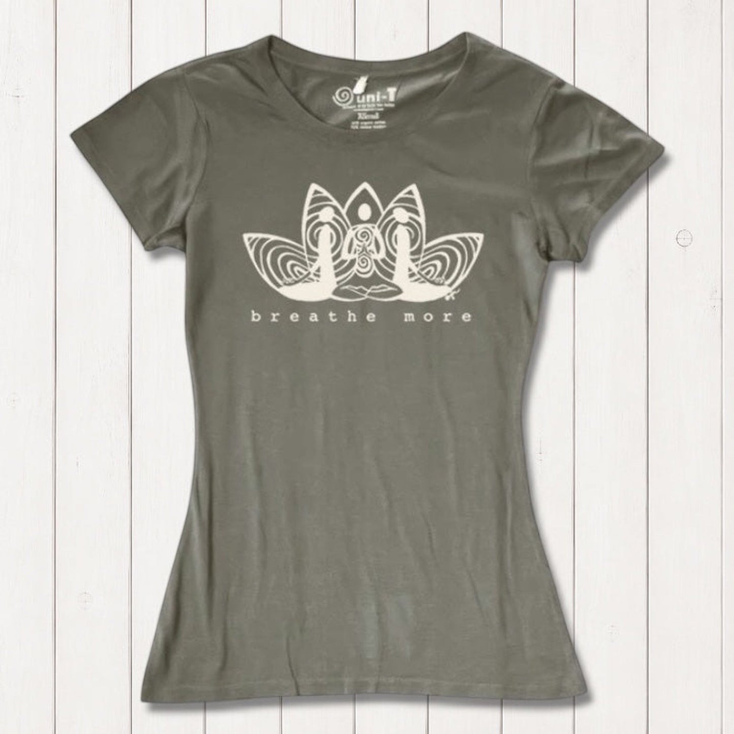 Olive green Women's Yoga T-Shirt in Bamboo & Organic Cotton with 'Breathe More' lotus print, sustainable top for meditation and yoga sessions.